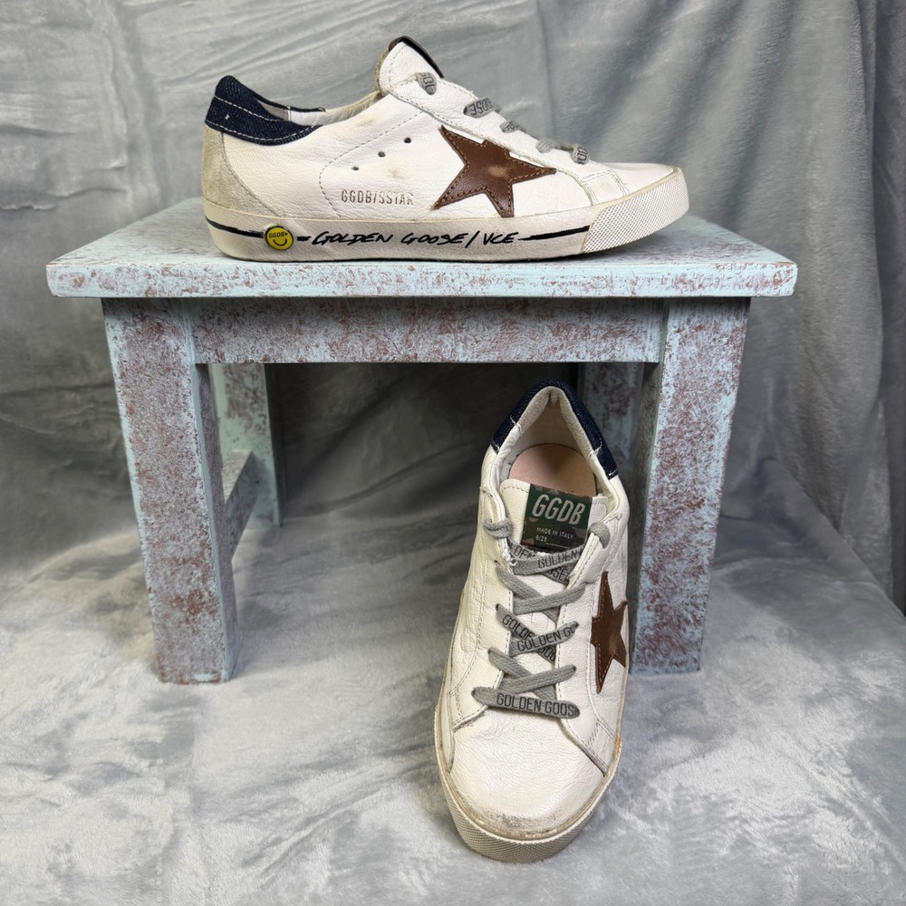 Golden Goose V-Star Sneakers Womens 35 White Leather Denim Camo Distressed Shoes